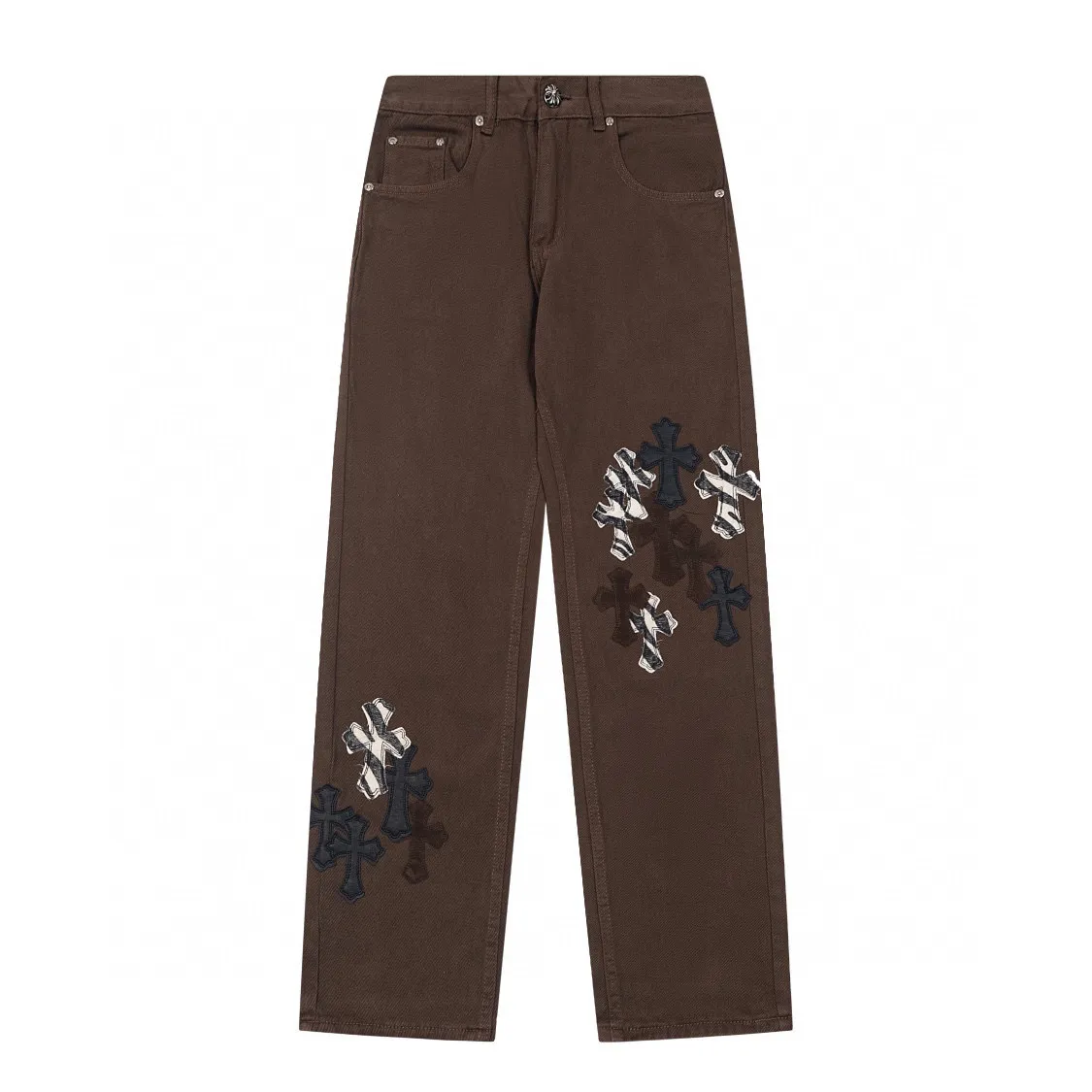 P270 💰 (Top version) Chrome hearts CH brown zebra pattern cross-patterned leather jeans, truly restoring the ultimate texture of Vintage, special Italian cowhide printing and cutting, custom-made sheepskin three-layer thick line leather, whole splicing in heavy water washing process, craftsmen hand-splashed ink, you can see the details, three-dimensional cutting version, loose and comfortable, not flattering on the figure, tall and slim, factory Seiko, original quality control, same style for men and women, can be matched with couples, versatile recommendation Essential jeans for all seasons Color: Brown Size: 28-30-32-34 (corresponds to S-M-L-XL)